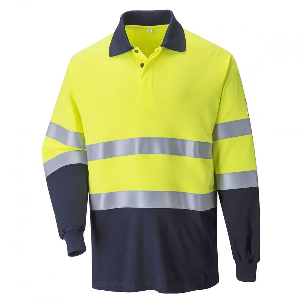 FR74 Flame Resistant Anti-Static Hi Visibility 2-Tone Long Sleeve Polo Shirt Yellow/Navy 3XL *One Size Only - Outlet Store*